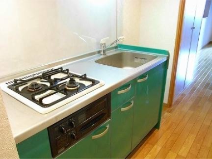 鮮やかなグリーンのキッチンで楽しく調理できます