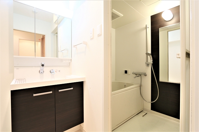 三面鏡が付いた大きな独立洗面台です