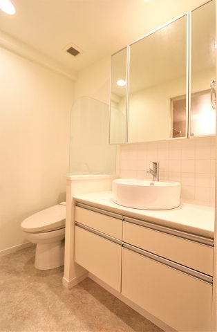 三面鏡の洗面台で朝の身支度もバッチリ