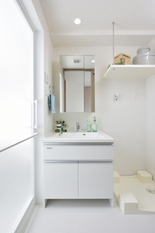 独立洗面台でセットしながら洗濯物できます