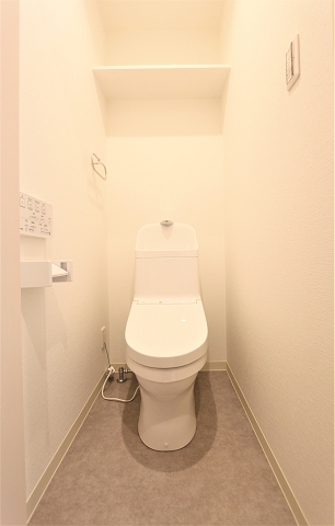 収納棚があり清潔感のあるトイレです