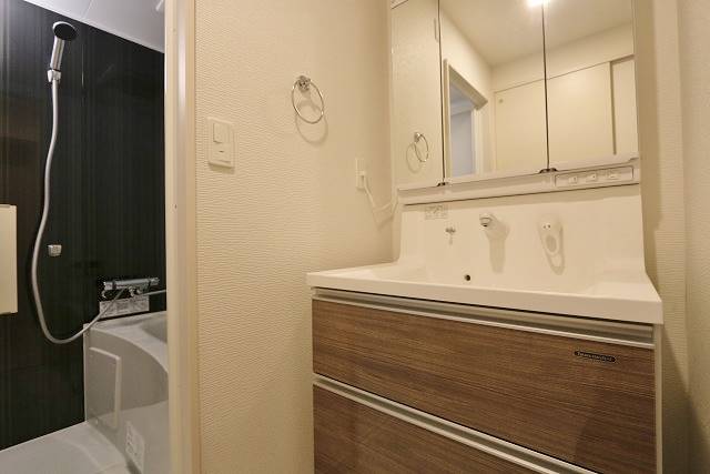 大きな独立洗面台で朝の身支度もバッチリですね
