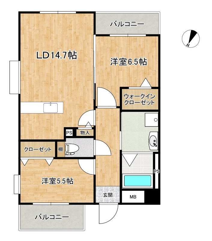 60㎡以上の広々2LDK!