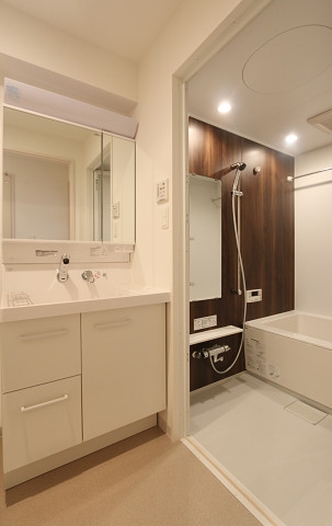 三面鏡付き洗面台。鏡の内側は収納スペース。