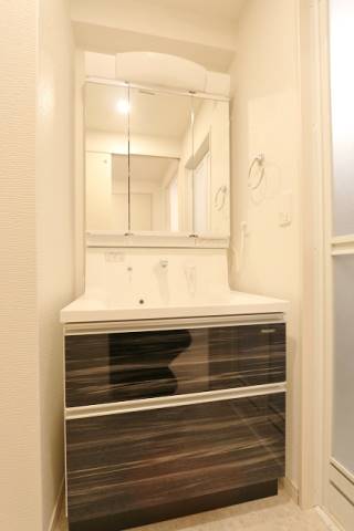 大きな独立洗面台で朝の身支度もバッチリですね