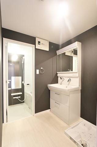 大きな三面鏡付き洗面台